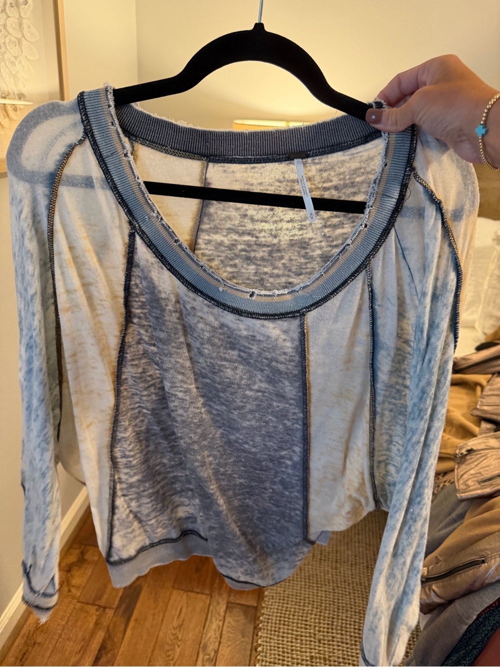 Free People Blue & Cream Colorblock Long Sleeve Top